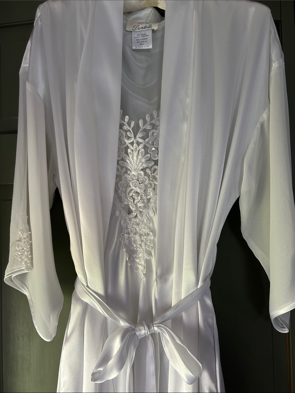 Satin Long Robe with Lace Embroidery in White - Picture 2 of 5